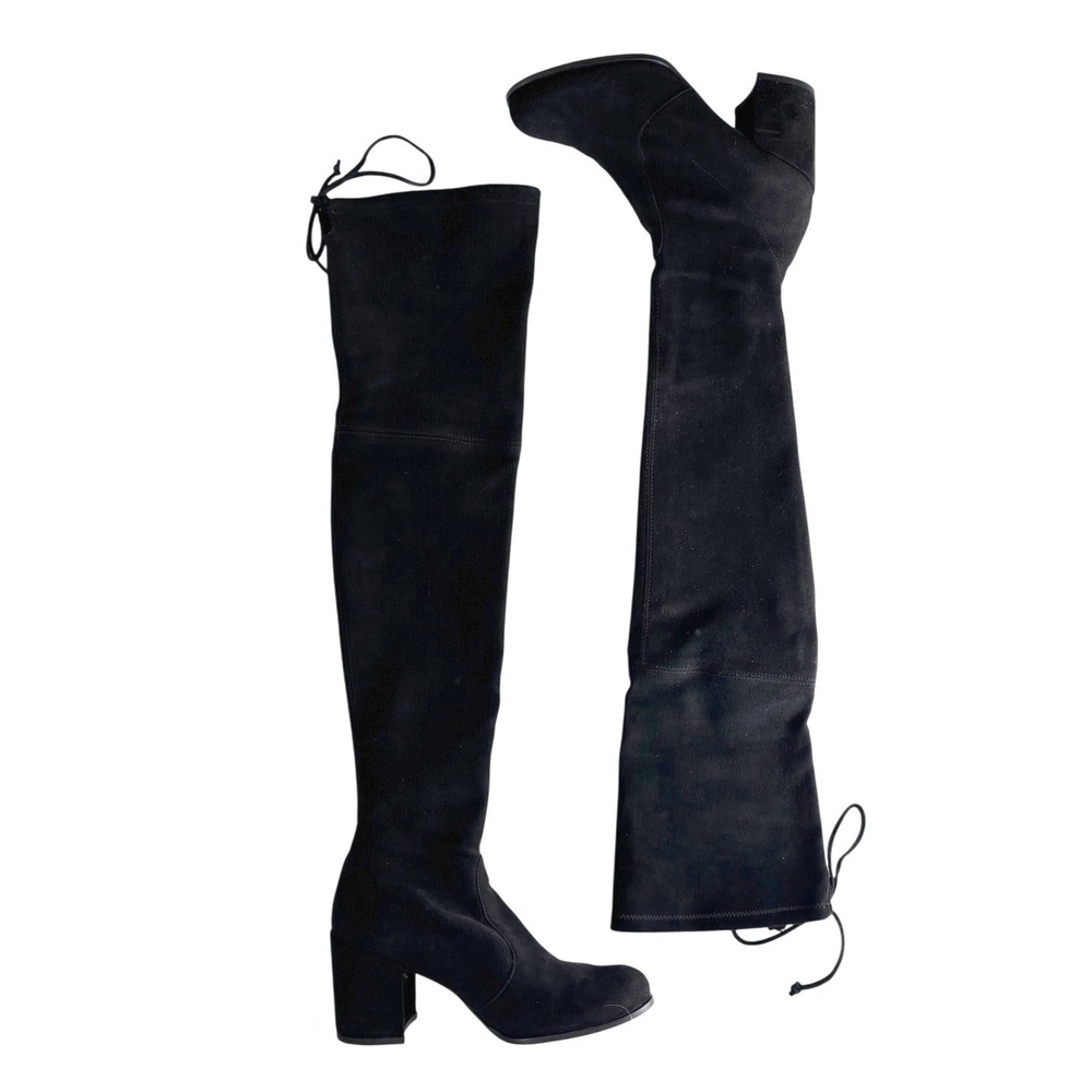 Stuart Weitzman Tieland Black Suede Over-The-Knee Block Heel Boots 7.5 M EUC